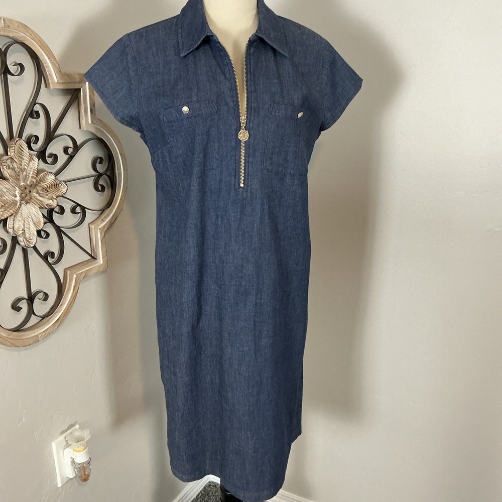 New Anne Klein Chambray Dress Womens 4‎ Blue 1/4 Zip Collared Dark Wash Stretch